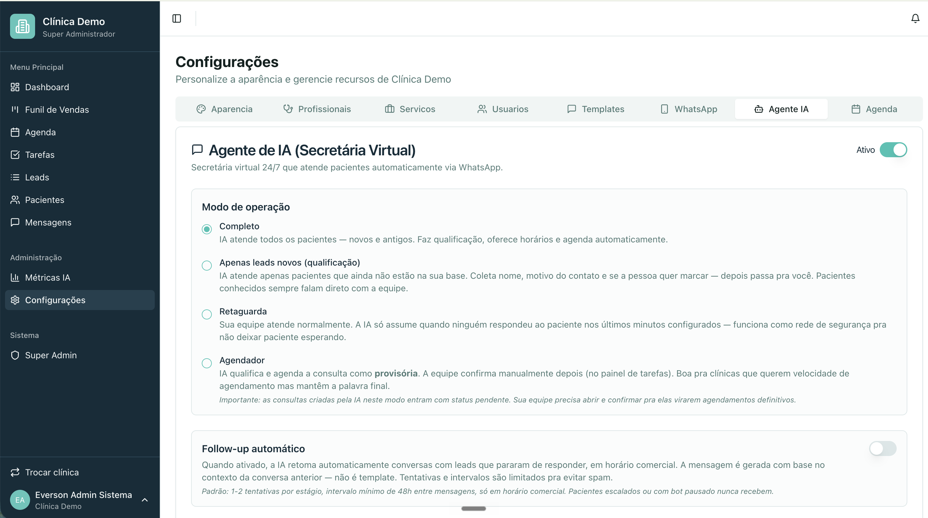 CRM — configuração do agente de IA
