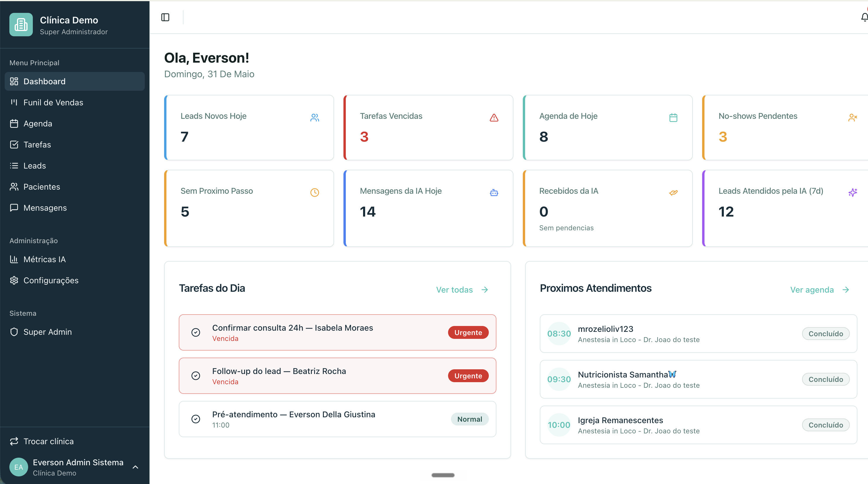 CRM Clínicas — dashboard com tarefas e atendimentos